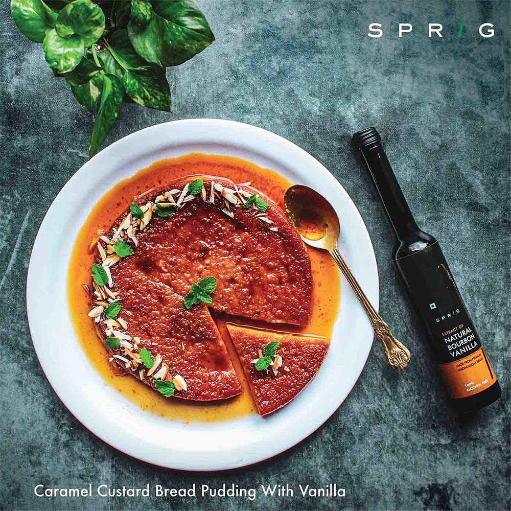 Caramel Custard Bread Pudding with Vanilla SPRIG