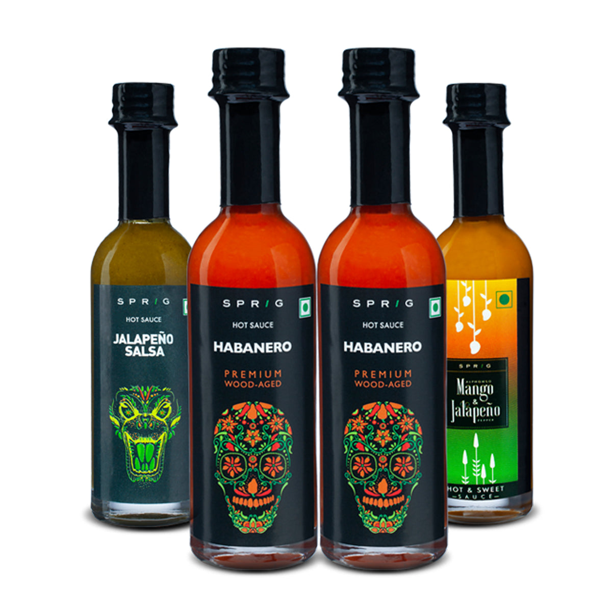 
                  
                    Combo Pack - Habanero Premium Woodaged Hot Sauce 55ml x 2, Mango Jalapeno 60ml x 1 & Jalapeno Salsa Sauce 55ml x 1 (Pack of 4) 225ml
                  
                