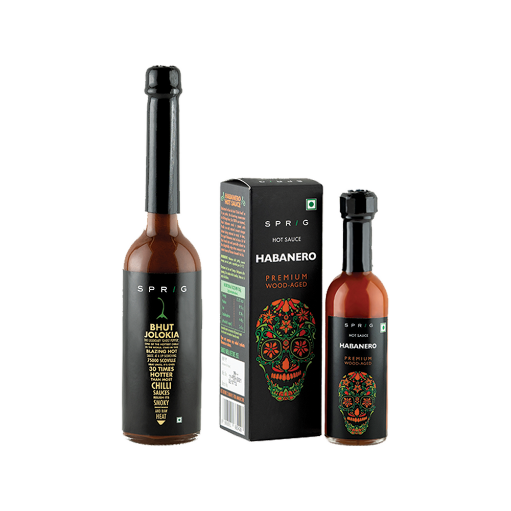 Sprig Hot Sauce Combo - Spicy Bhut Jolokia Hot Chilli Sauce, 120g & Habanero Premium Wood-Aged Hot Sauce Hot Sauce, 55g