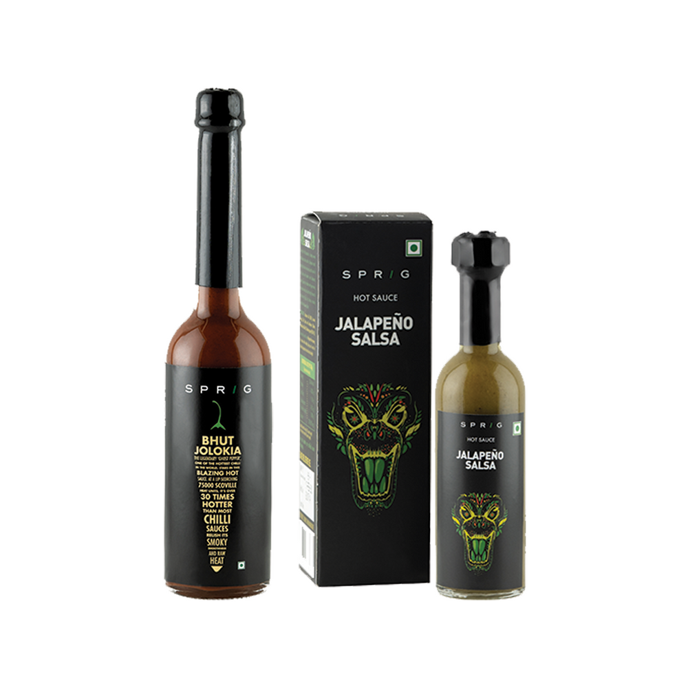 Sprig Hot Sauce Combo - Spicy Bhut Jolokia Hot Chilli Sauce, 120g & Jalapeno Salsa Medium Hot Chilli Sauce, 55ml