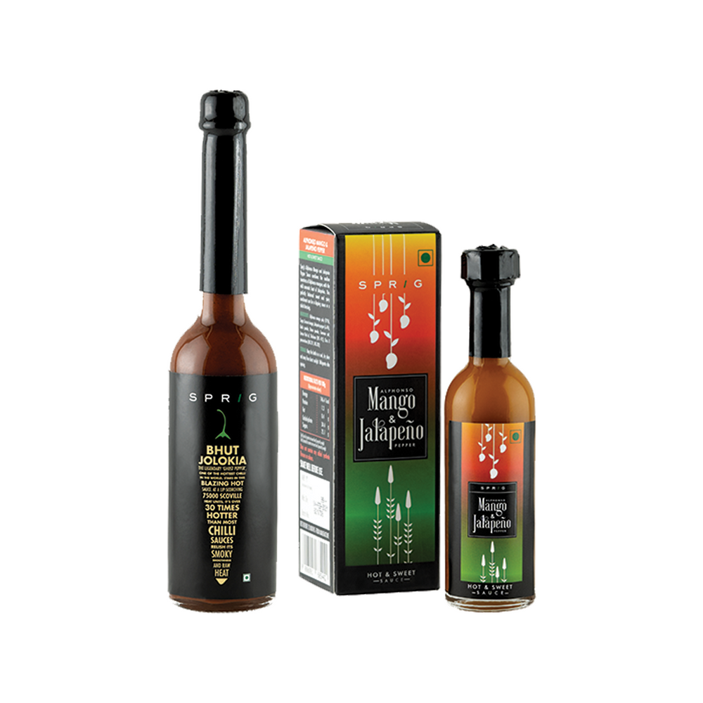 Sprig Hot Sauce Combo - Spicy Bhut Jolokia Hot Chilli Sauce, 120g & Alphonso Mango and Jalapeno Peppers Hot and Sweet Sauce, 60g