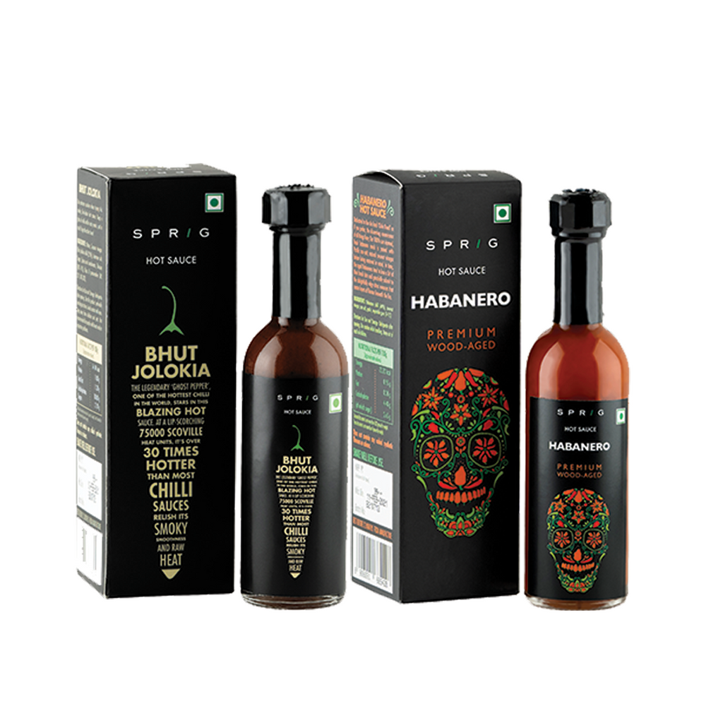 Sprig Hot Sauce Combo - Spicy Bhut Jolokia Hot Chilli Sauce, 55g & Habanero Premium Wood-Aged Hot Sauce Hot Sauce, 55 gms