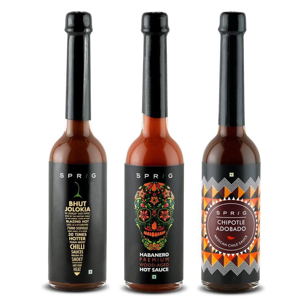 Sprig Hot Sauce Combo - Bhut Jolokia Hot Sauce 120g, Chipotle Adobado Chilli Sauce 120g and Habanero Hot Sauce 100g