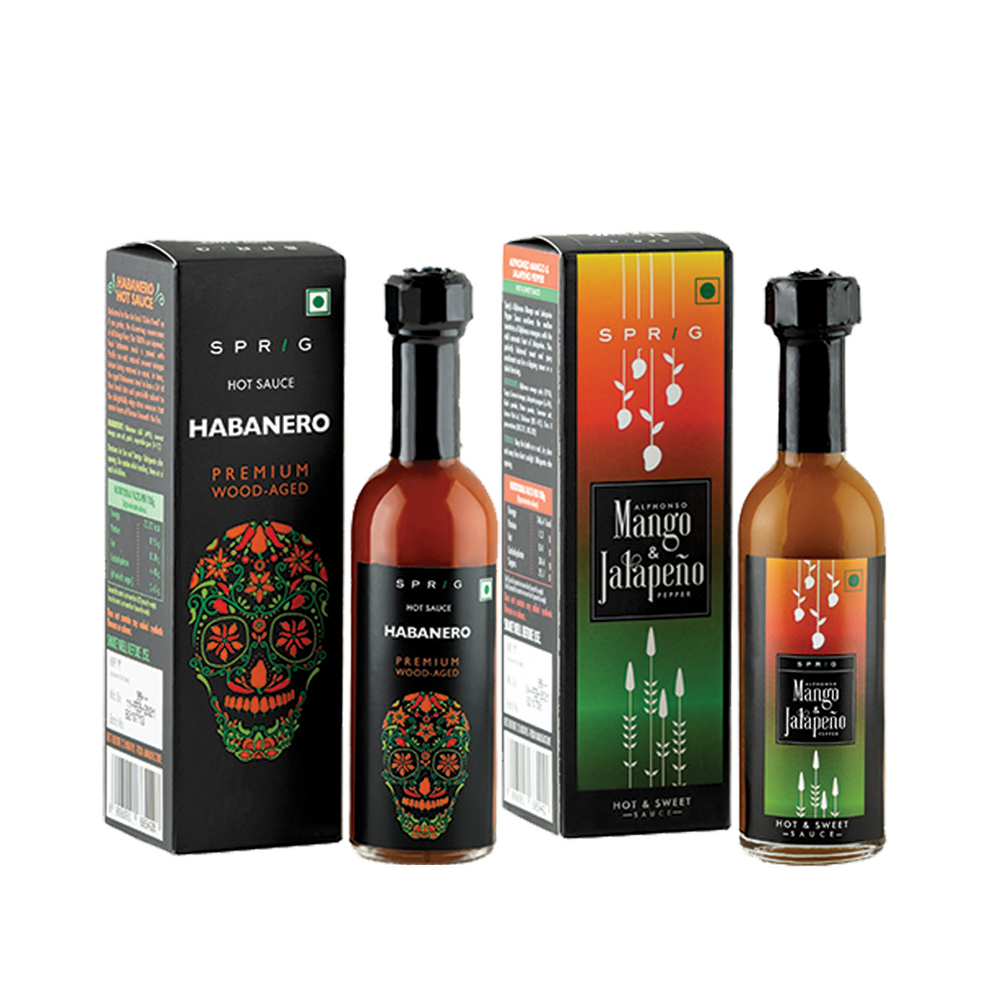 Sprig Hot Sauce Combo - Habanero Premium Wood-Aged Hot Sauce Hot Sauce, 55 gms & Alphonso Mango and Jalapeno Peppers Hot and Sweet Sauce, 60g