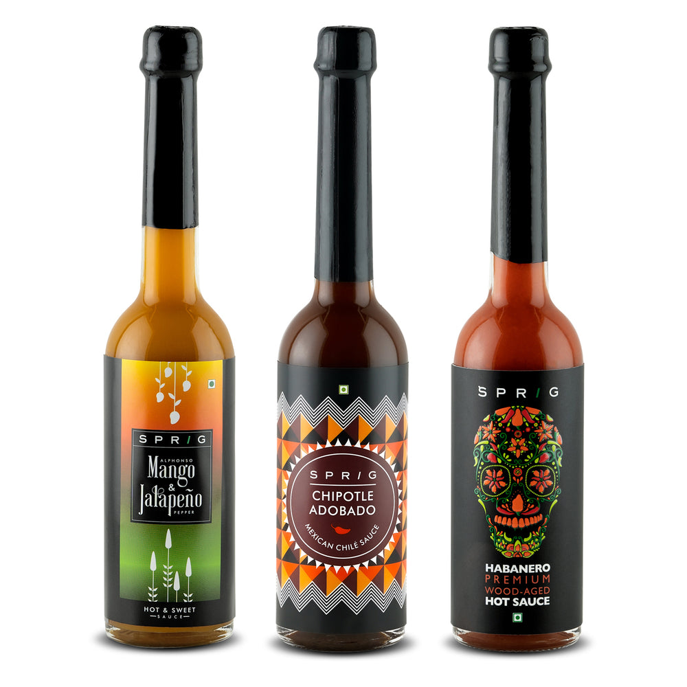 Sprig Mexican Hot Sauce Pack - Combo of Chipotle Adobado 120g, Mango Jalapeno 110g and Habanero Sauce 100g