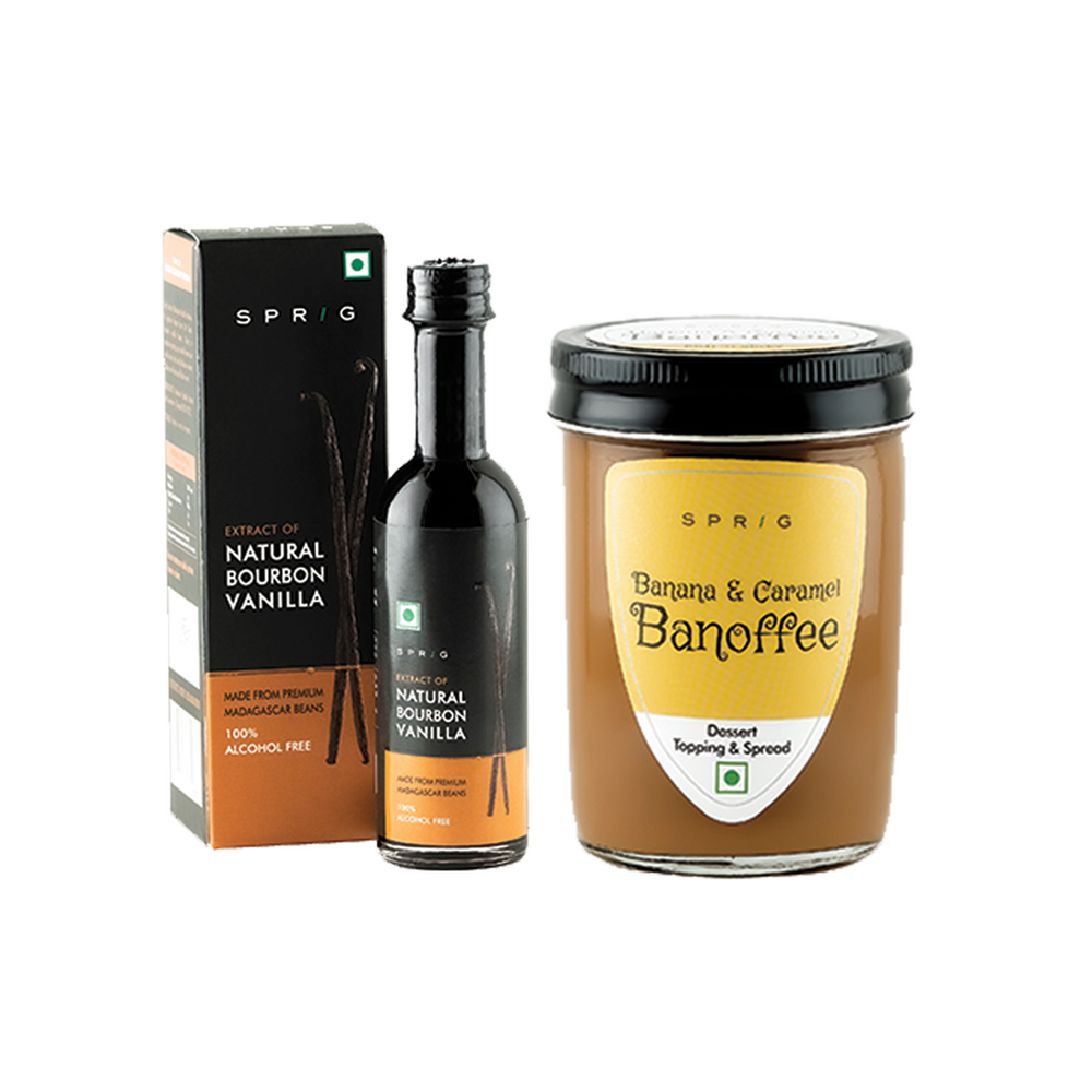 Sprig Baking Combo - Madagascar Bourbon Vanilla Beans Extract, 50ml, Banana and Caramel Banoffee, 290g