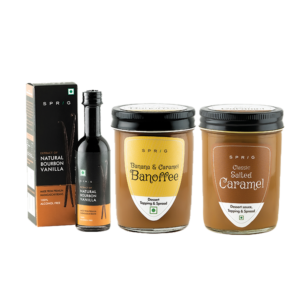 Sprig Baking Combo - Madagascar Bourbon Vanilla Beans Extract, 50ml, Banoffee, 290g & Classic Salted Caramel, 290g