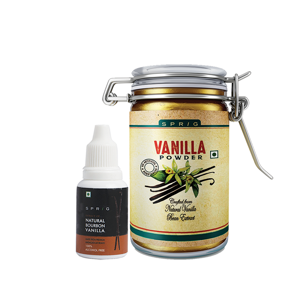 Combo Pack - Sprig Madagascar Bourbon Vanilla Beans Extract, 20ml & Vanilla Extract Powder, 30g