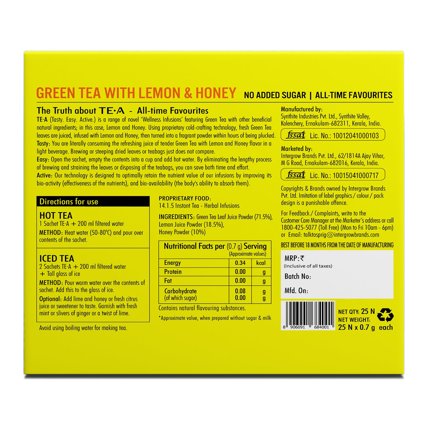 
                  
                    TE.A Green Tea with Lemon & Honey - Pack of 25, 17.5 g
                  
                