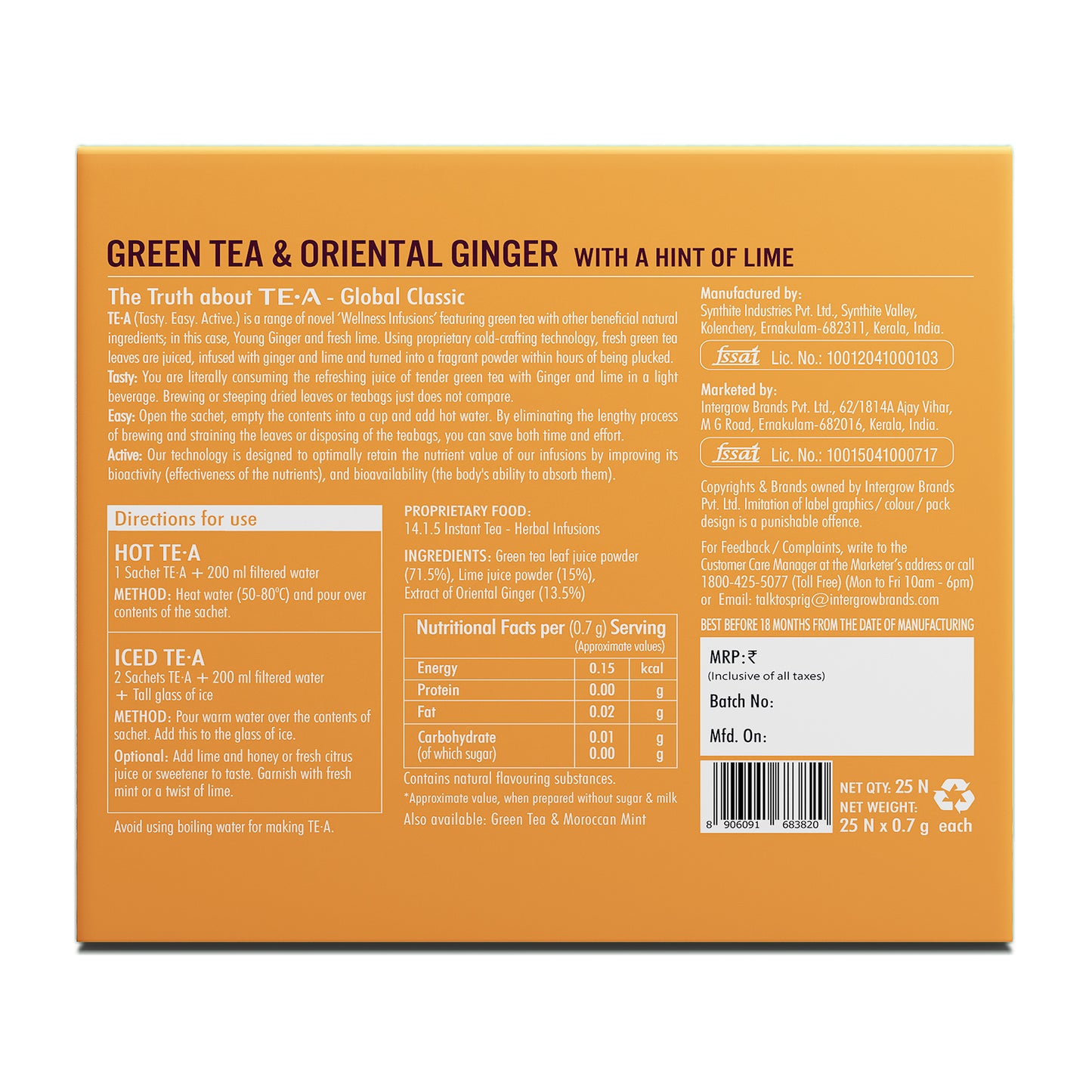 
                  
                    TE.A Green Tea & Oriental Ginger with a hint of lime - Pack of 25, 17.5 g
                  
                