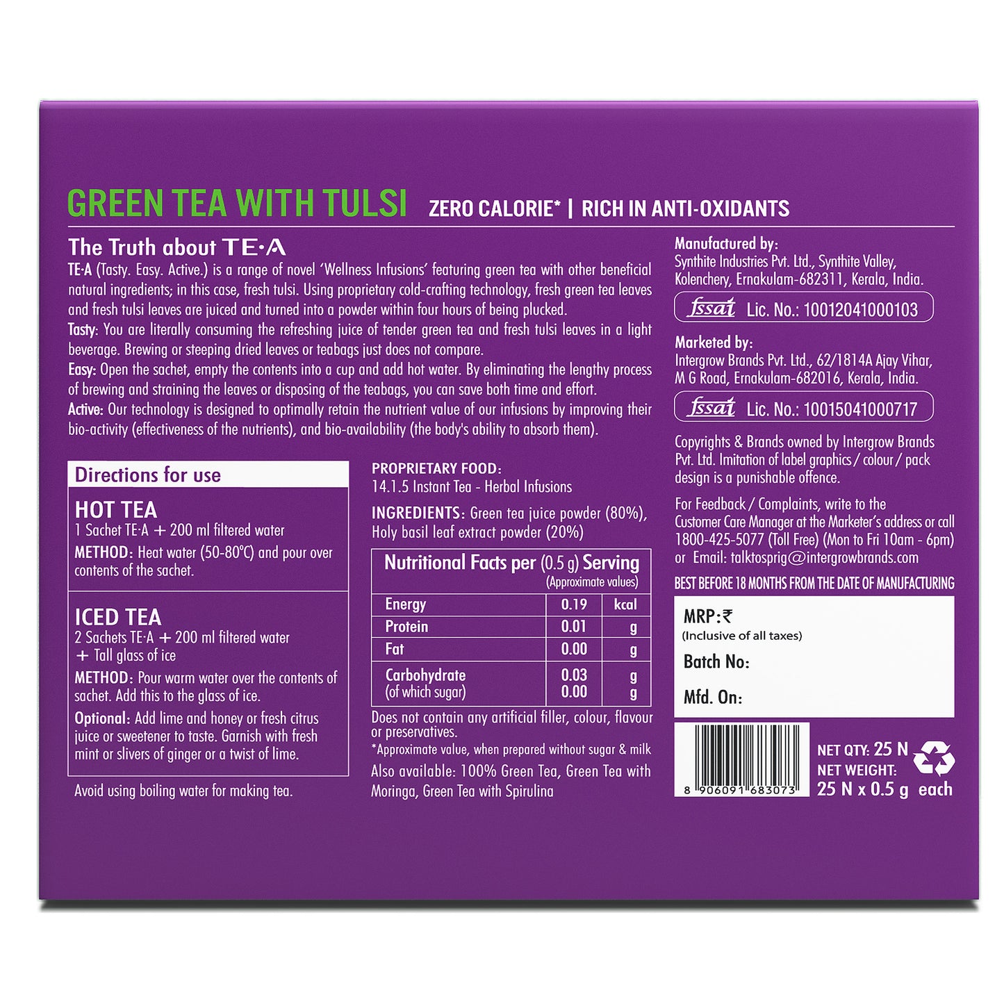 
                  
                    TE.A Green Tea with Tulsi - Pack of 25, 12.5 g
                  
                