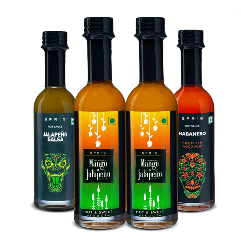 Combo Pack - Mango Jalapeno 60ml x 2, Habanero Premium Wood Aged Sauce 55ml x 1 & Jalapeno Salsa Sauce 55ml x 1 (Pack of 4) 230ml