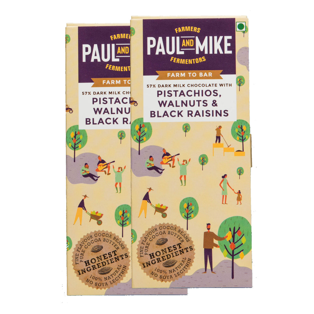 Paul And Mike 57% Dark Milk Pistachios Walnuts And Black Raisins Chocolate Pack of 2