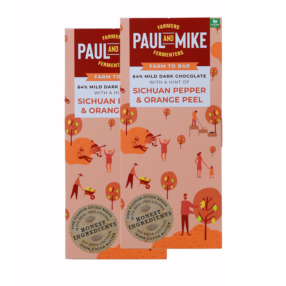 Paul And Mike 64% Dark Sichuan Pepper and Orange Peel Vegan Chocolate Pack of 2